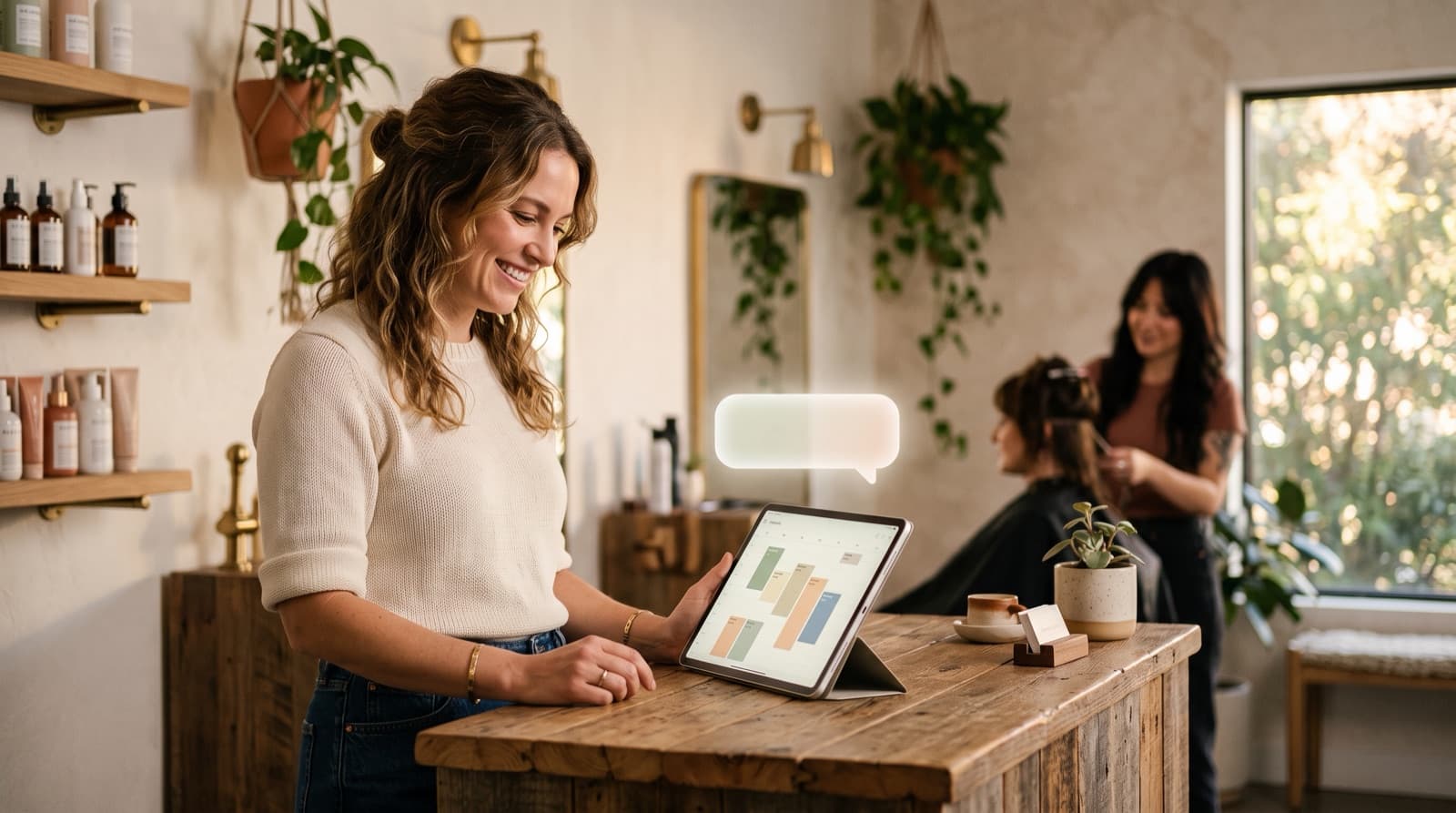 A relaxed small-business salon owner reviewing an AI-powered booking calendar on a tablet at her reception counter while a client is served in the warm, sunlit background.